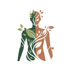 The human in the embrace of nature: An artistic and expressive illustration. Showcasing the delicate fusion of human form and the refreshing allure of nature. The image invokes serenity and vitality.