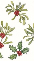Festive Watercolor Illustration of Holly and Mistletoe Branches.