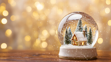 Snow globe with a small house and trees set against a bright background during a festive time