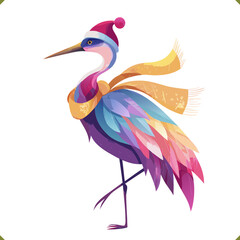 Obraz premium Vector illustration of a colorful crane in a vibrant geometric style, wearing a hat and scarf, isolated on a white background