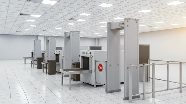 Empty airport security checkpoint with stop sign. Baggage scanner and walk-through metal detector for travel safety.