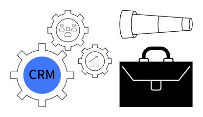 Business planning, customer management, market research, sales strategy, goal setting, innovation. Blue CRM in gears, telescope briefcase. Business planning and customer management