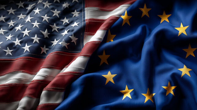 us flag and eu flag waving together. relations between the usa and the european union. cooperation trade partners transatlantic partnership common policies western nations