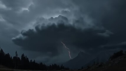 Dramatic thunderstorm with lightning over mountain range at twilight - Powered by Adobe
