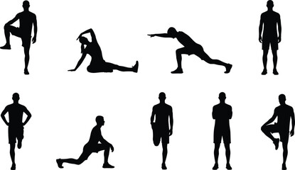 Male fitness exercise silhouette collection showing workout stretching yoga balance training poses, black human figures for gym health vector design projects