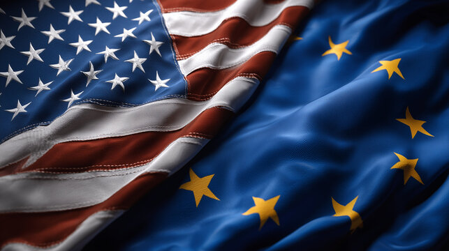 us flag and eu flag waving together. relations between the usa and the european union. cooperation trade partners transatlantic partnership common policies western nations