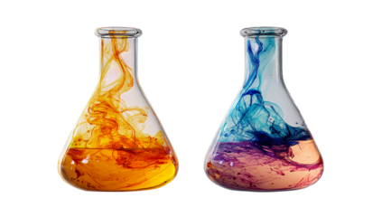 Colored liquids in conical flasks: An artistic display of colorful liquids swirling within two clear conical flasks, showcasing the beauty of scientific exploration and the interplay of hues.