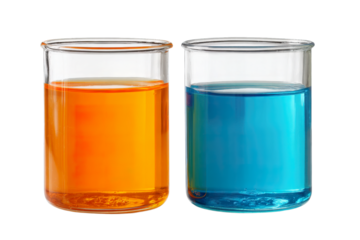 Vibrant Liquids in Beakers: Two glass beakers stand side by side, showcasing vivid orange and blue liquids, creating a striking visual contrast.