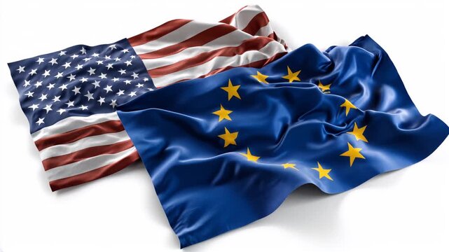 us flag and eu flag waving together on white background. relations between the usa and the european union. cooperation trade partners transatlantic partnership common policies western nations