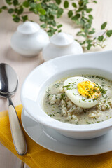 Sorrel soup with egg in white bowl.