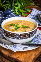 Soup with barley and chicken gizzards.