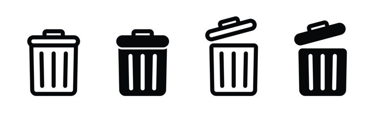 Trash can icon set for waste management and user interface deletion. Vector illustration of bins in outline, solid, and open styles