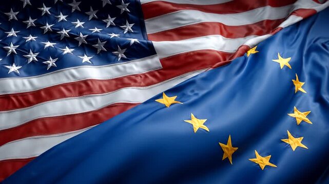 us flag and eu flag waving together. relations between the usa and the european union. cooperation trade partners transatlantic partnership common policies western nations
