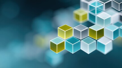 Abstract composition of translucent cubes in various shades of blue and green creating a modern digital background for design and technology concepts