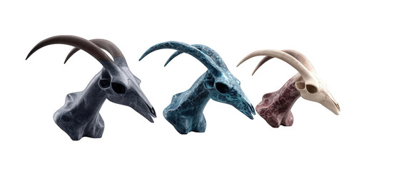 Three creatively designed animal skulls in varying colors displayed against a plain background