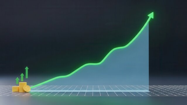 A glowing green line graph depicts substantial financial growth and upward business success, complemented by a stack of gold coins. - Powered by Adobe