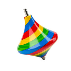 Vibrant colorful spinning top toy in motion on black background