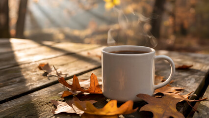 Steaming coffee cup on wooden table with autumn leaves.