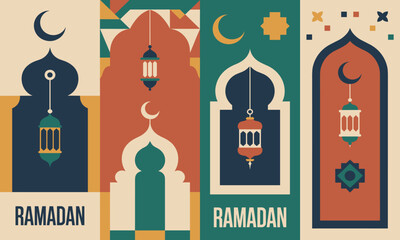 Fototapeta premium Joyful Ramadan Kareem Banners featuring Traditional Moorish Arches, Crescent Moons, and Retro Flat Design Lantern Illustrations. 