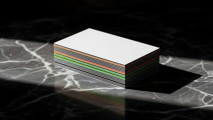 Stack of colorful business cards on marble surface.