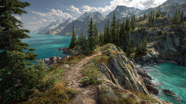 A scenic view of a hiking trail leading to the turquoise lake with mountain backdrop. Experience the splendor of the natural world and serene landscape