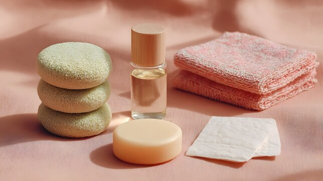 Waterless cosmetics set with solid shampoo bar, oil bottle, face wipes. Concept: Sustainable beauty, waterless cosmetics, eco-friendly skincare, zero waste lifestyle, minimal packaging, clean beauty.