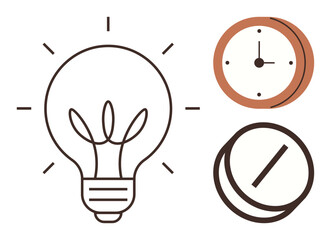Lightbulb representing creativity, clock for time management, and pie chart symbolizing data. Ideal for innovation, planning, scheduling, strategy, productivity analysis efficiency. Simple flat