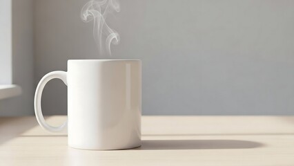 Steaming White Mug on Tabletop - A Cozy Morning Scene.
