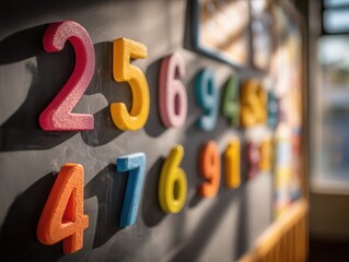 Colorful three-dimensional numbers arranged in a row on a classroom chalkboard