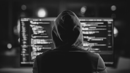 A hooded figure intensely engrossed in front of a computer screen, illuminating the dark environment. A visual of modern technological advancement and potential hidden dangers.