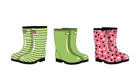 Set of three pairs of colorful rubber rain boots with striped and polka dot patterns for rainy day fashion.
