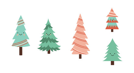 Collection of five cute and whimsical Christmas trees with smiling faces and colorful decorations for the holiday season.
