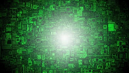 Abstract Green Circuit Board Background with Central Light Glow.