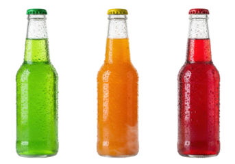 Three sweating, hyperrealistic chilled beverage bottles (neon green, luminous orange, ruby red) standing on a reflective white background with ample copy space, high key commercial concept for