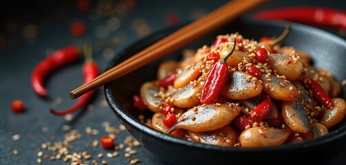 Asian sesame sprats in spicy sauce. Small fish dish with red chili peppers and sesame seeds served in dark bowl with chopsticks. Delicious seafood meal closeup.