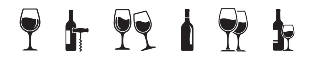 A set of wine bottle and wine glass icons in black silhouette, including a corkscrew and a toasting scene