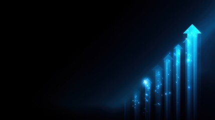 Abstract digital growth graph with glowing arrows pointing upward against a dark background, symbolizing success and positive trends in business and finance