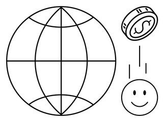 Global economy concept. Sphere worldwide connections next to a coin and smiling face for financial growth. Perfect for finance, trade, investments, globalization, success