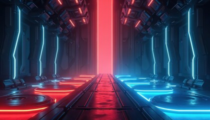 Sci-fi arena with neon platforms, red and blue lights glow. Futuristic battle scene, cyber duel, digital game concept. Dark futuristic passage.