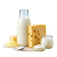 Dairy products including milk cheese and butter isolated on transparent background