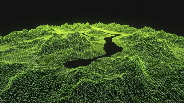 Abstract 3D Wireframe Landscape with Dark River Flowing Through Green Peaks and Valleys on a Black Background. - Powered by Adobe