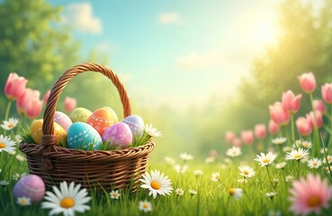 Wicker basket holds colorful painted easter eggs in rich green meadow. Blooming tulips and daisies surround the festive collection under sunny spring sky.