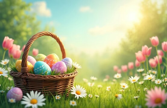 Wicker basket holds colorful painted easter eggs in rich green meadow. Blooming tulips and daisies surround the festive collection under sunny spring sky. - Powered by Adobe