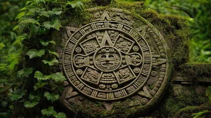 Moss Covered Aztec Calendar Stone in Jungle