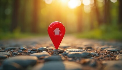 Red location pin with house icon rests on rocky path in sunlit forest. Home search, property finding, address, navigation, real estate journeys. Represents new beginnings, destination, finding ones