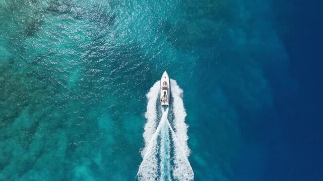 Top-down aerial drone view of a small boat moving smoothly across crystal clear blue ocean water, leaving white waves behind. Luxury tropical travel and summer vacation concept.