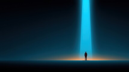 Solitary Figure Standing Under a Bright Beam of Light in a Dark Environmen, Evoking Feelings of Isolation, Mystery, and Contemplation in a Minimalist Setting