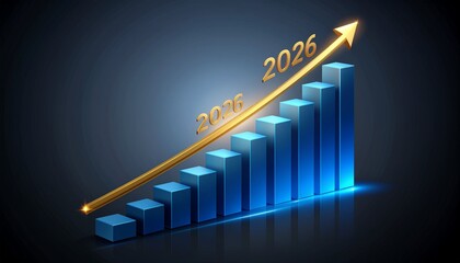 Blue bar graph showing upward trend to 2026 with gold arrow
