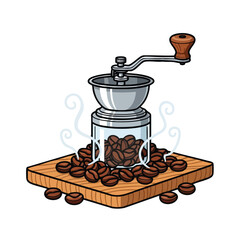 Manual coffee grinder illustration on a wooden board with scattered coffee beans for fresh beverage preparation