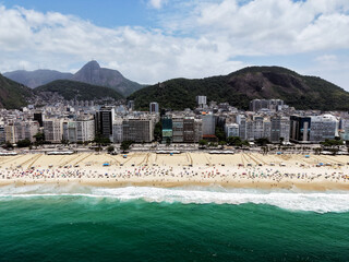 Rio de Janeiro, Brazil, aerial view of Copacabana Beach, Ipanema, the city skyline with the rocky hills full of vegetation, Copacabana Fort, Avenida Atlantica (Atlantic Avenue) and skyscrapers